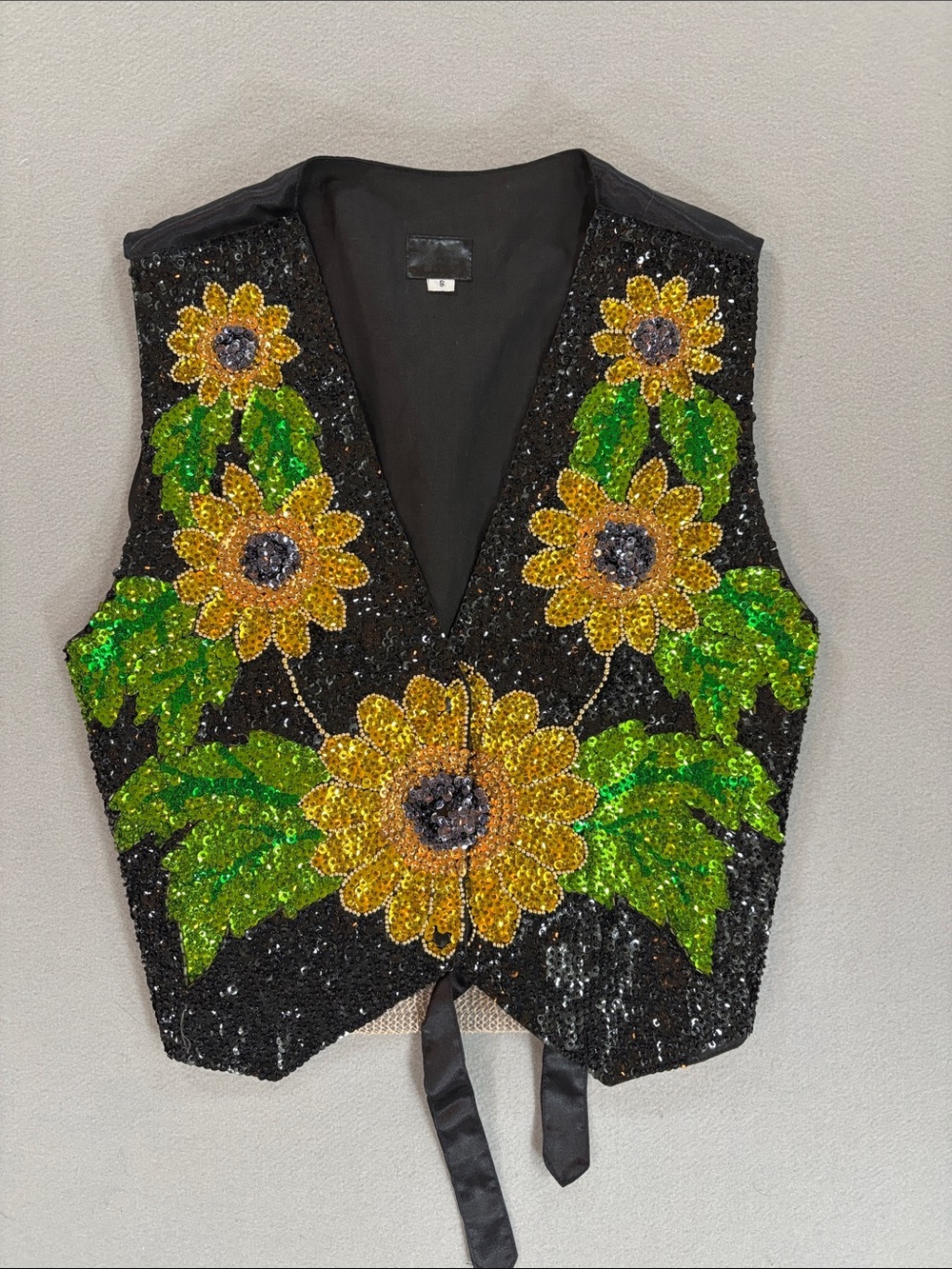 Sequin Sunflower Vest - Black with Yellow & Green Floral S adjustable back